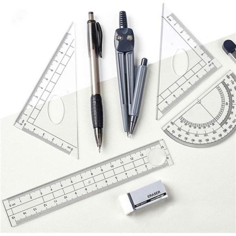 Math Geometry Kit Set, 8 Pieces w/ Shatterproof Storage Box - Rulers, Protractor - Picture 5 of 7